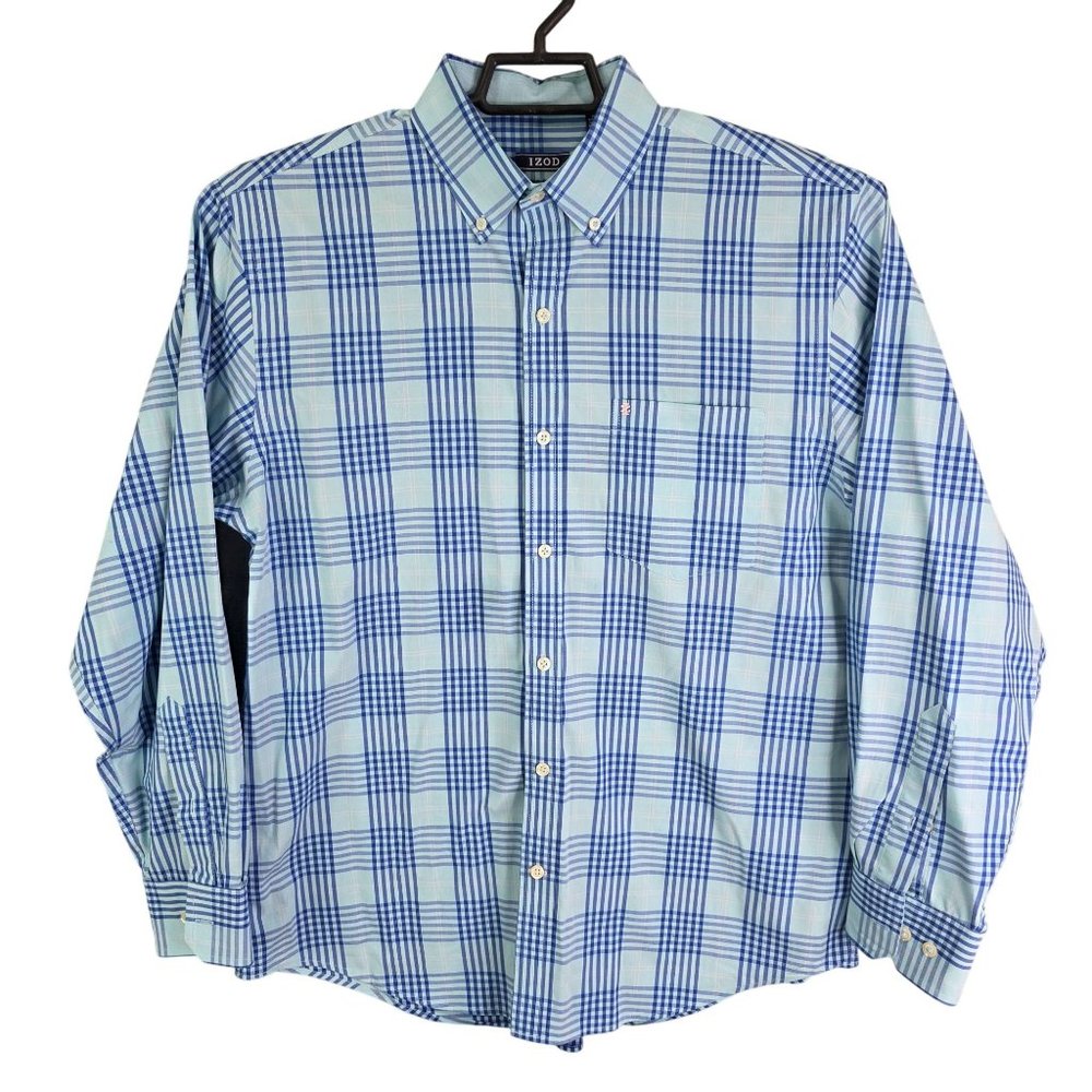 Mens Izod Premium Essentials Blue Plaid Shirt Button Down Long Sleeve Size M